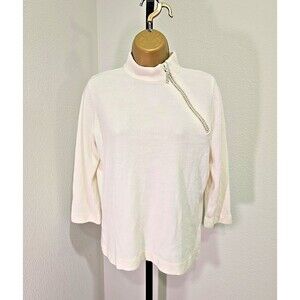 Vtg Quiet Luxury Minimalist Cream Asymmetric Rhinestone Zip Sweater Womens Med